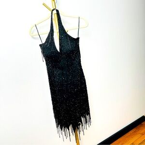 Vintage Nite Line Black Silk Sleeveless Halter Sequin Dress